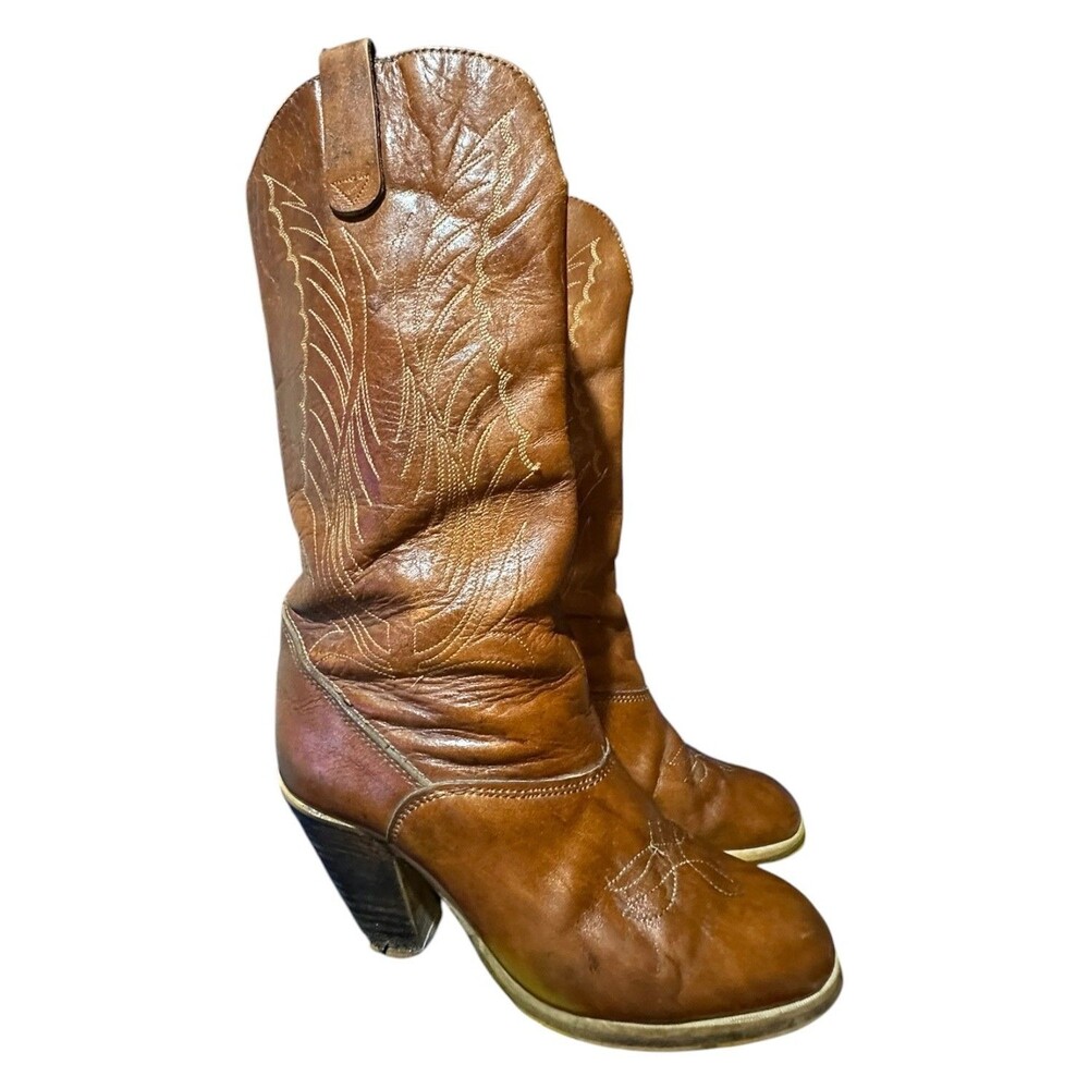 Vintage Hanna Western Canada Cowgirl Boots 70's Brown Leather Mid Calf Sz US 6